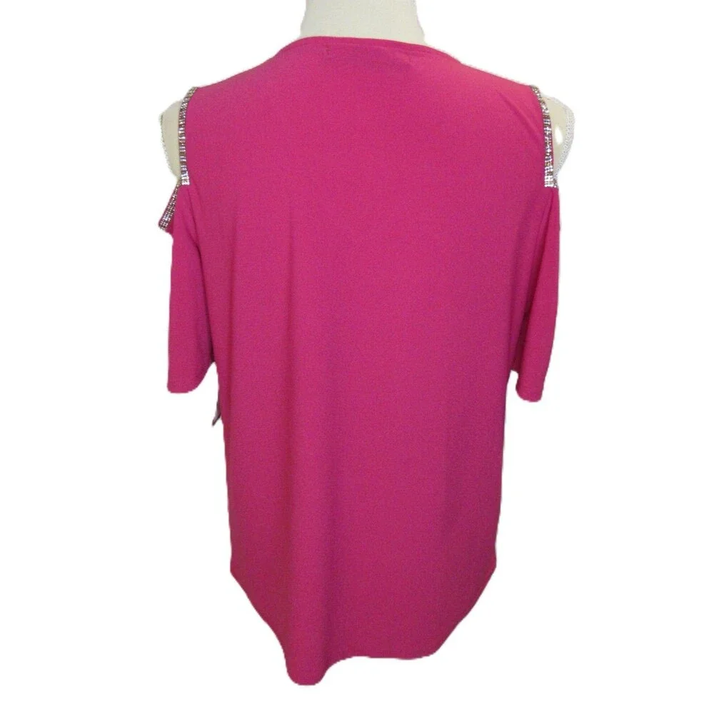 Cold Shoulder Top Glam Blouse Womens M Hot Magenta Pink Stretch Rhinestones NWT